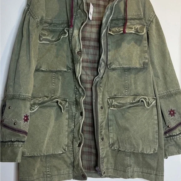 Free People “So Down” Military Olive Utility Jacket with Burgundy Details
